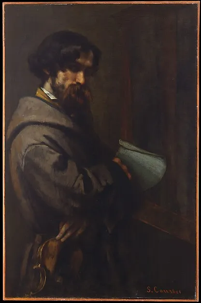 Gustave Courbet’s portrait of violinist Alphonse Promayet, looking downward with a violin at his side